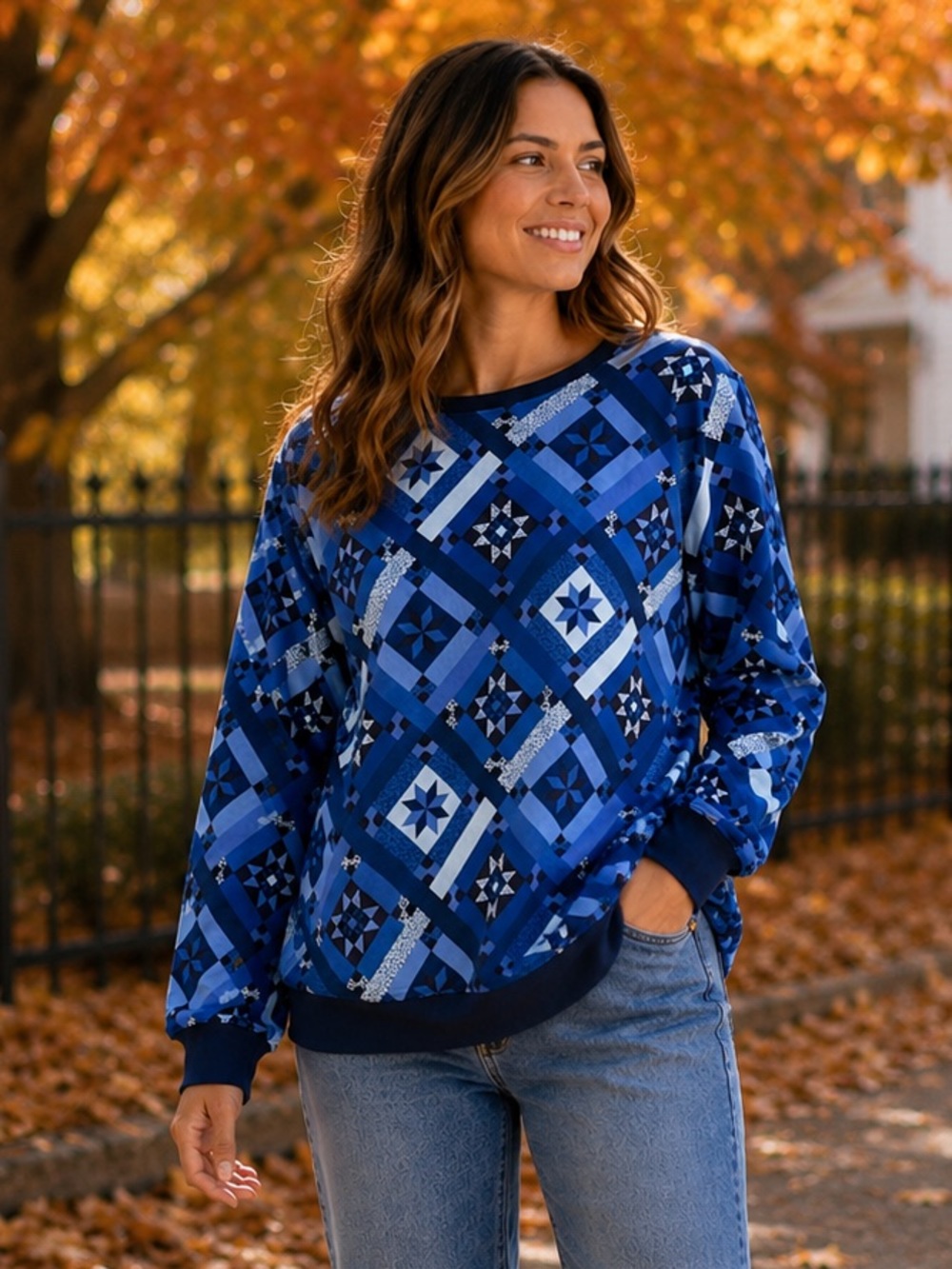 Lands End Blue Geometric Patchwork Serious Sweats Crewneck L
